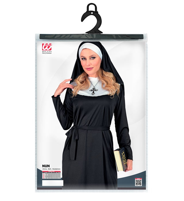 Nonnen-Kostüm mit Kleid, Gürtel und Haube für Fasnacht