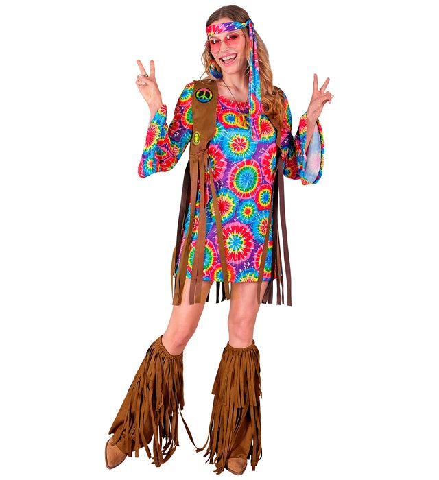 Hippie Kostüm Set mit bunt gemustertem Kleid, Weste, Stirnband und Peace-Zeichen Kette