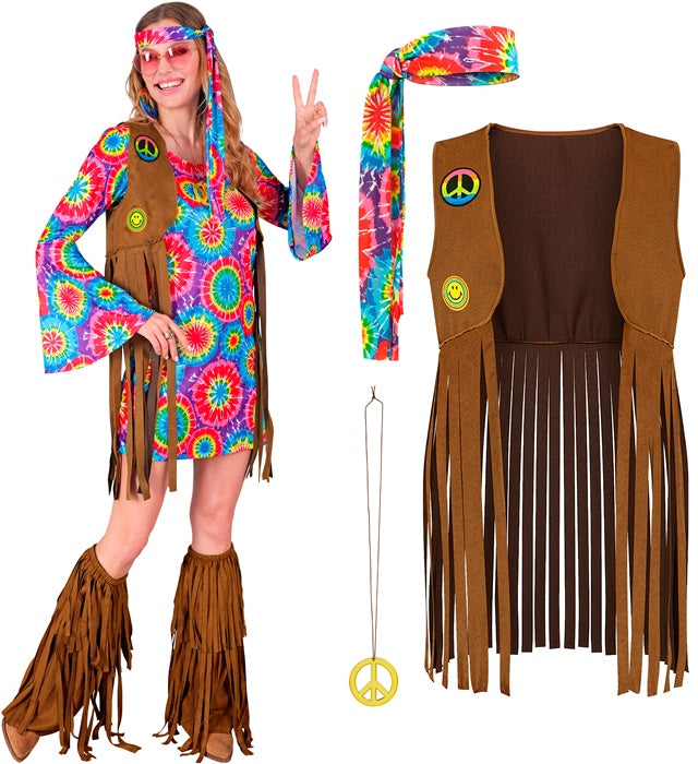 Hippie Kostüm Set mit bunt gemustertem Kleid, Weste, Stirnband und Peace-Zeichen Kette