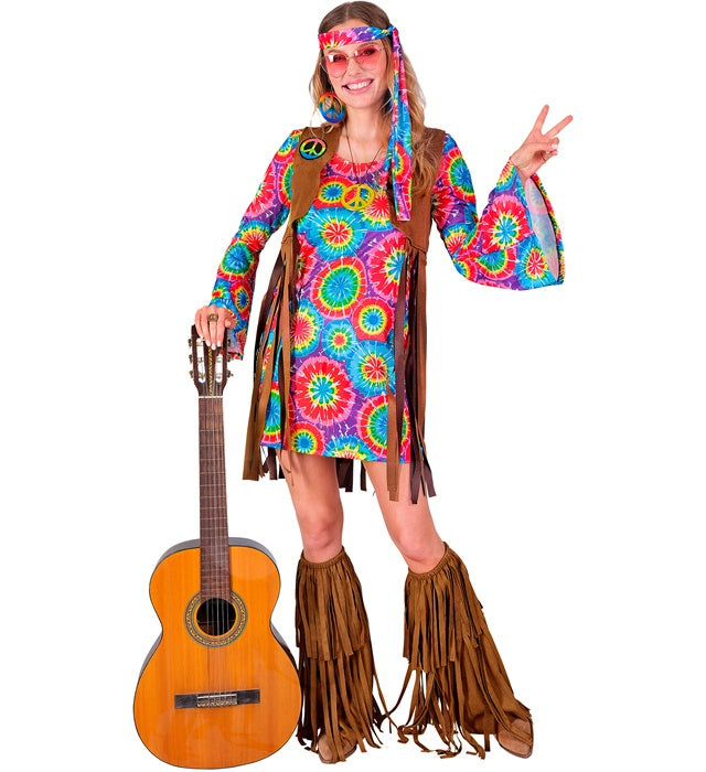 Hippie Kostüm Set mit bunt gemustertem Kleid, Weste, Stirnband und Peace-Zeichen Kette
