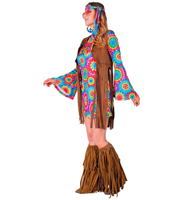 Hippie Kostüm Set mit bunt gemustertem Kleid, Weste, Stirnband und Peace-Zeichen Kette