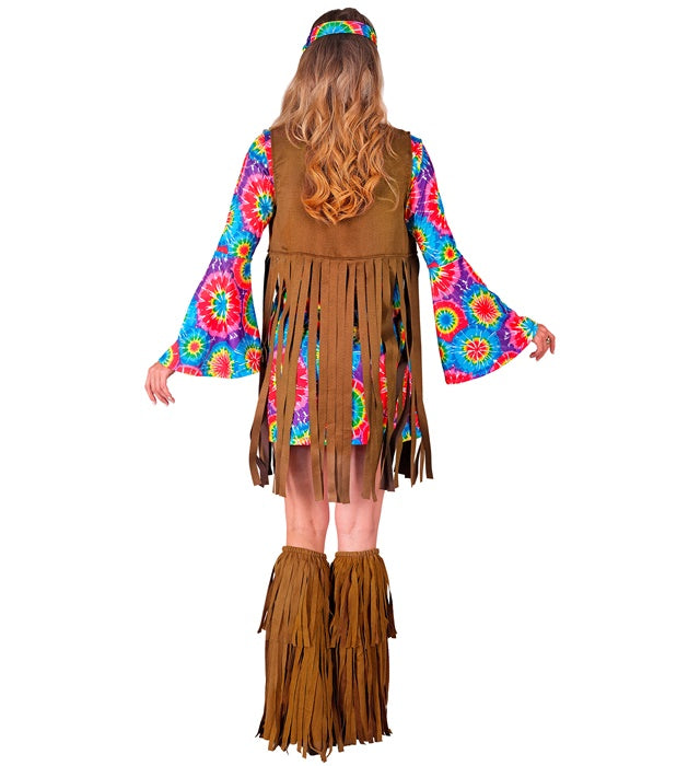 Hippie Kostüm Set mit bunt gemustertem Kleid, Weste, Stirnband und Peace-Zeichen Kette