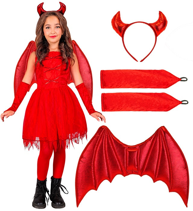 Teufelskostüm mit rotem Kleid, Schwanz, Hörnern und fingerlosen Handschuhen