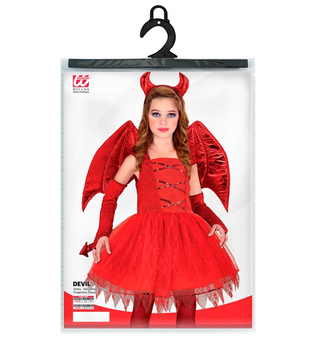 Teufelskostüm mit rotem Kleid, Schwanz, Hörnern und fingerlosen Handschuhen
