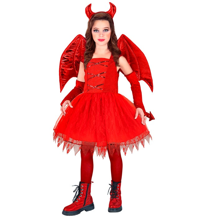 Teufelskostüm mit rotem Kleid, Schwanz, Hörnern und fingerlosen Handschuhen