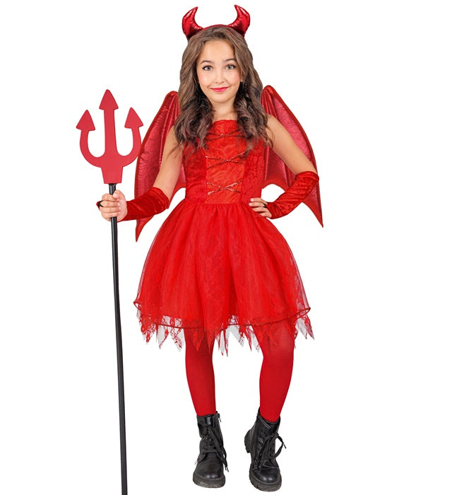 Teufelskostüm mit rotem Kleid, Schwanz, Hörnern und fingerlosen Handschuhen