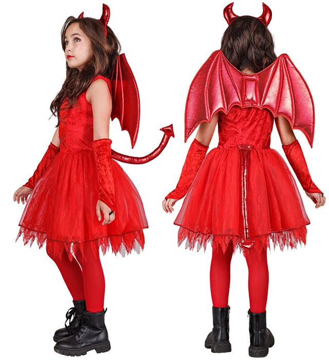 Teufelskostüm mit rotem Kleid, Schwanz, Hörnern und fingerlosen Handschuhen