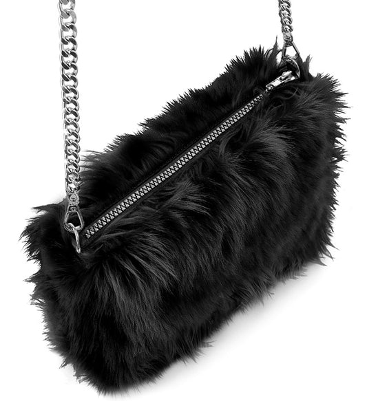 Lange schwarze Handtasche aus Plüsch mit weichem Langhaar