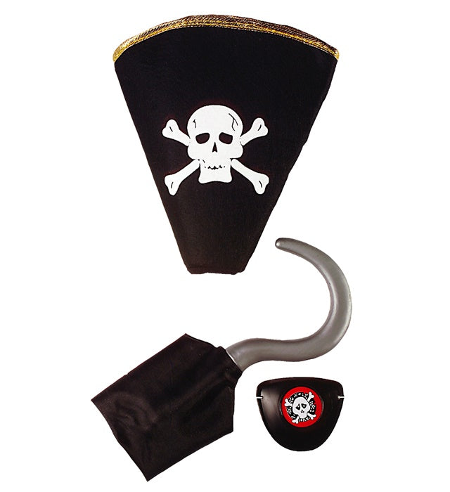 Piraten-Set mit schwarzem Hut, Haken und schwarzer Augenklappe
