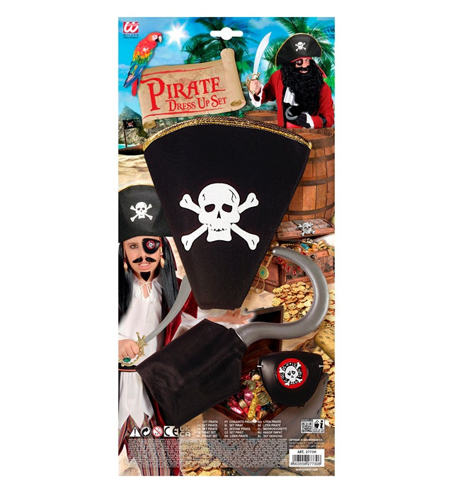 Piraten-Set mit schwarzem Hut, Haken und schwarzer Augenklappe