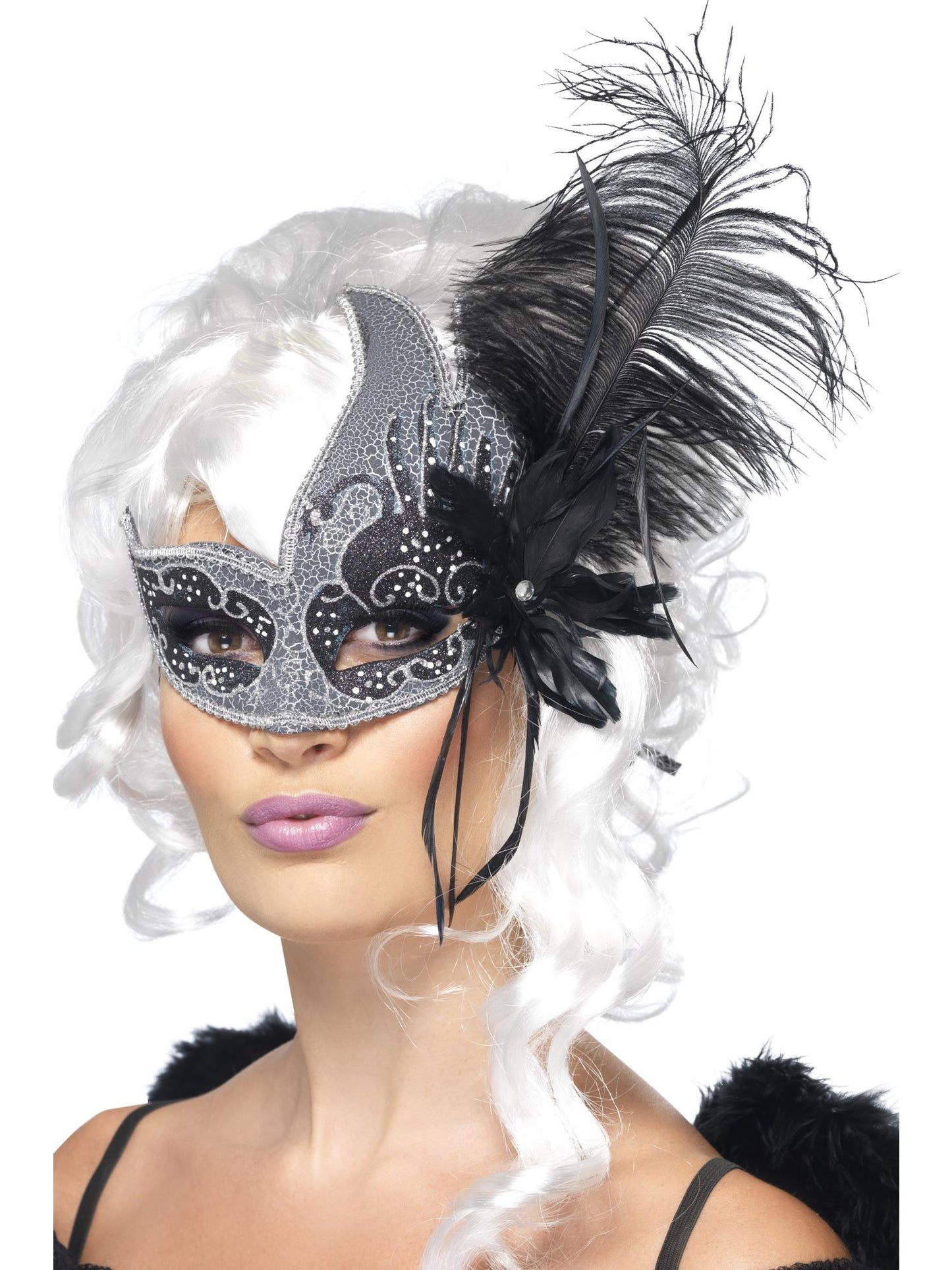 Smiffys Masquerade Dark Angel Eyemask, Silver & Black für Damen