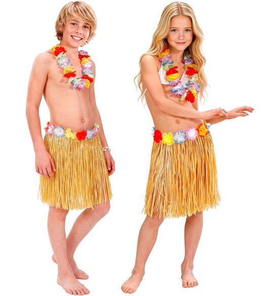 Naturfarbener Hawaii Bastrock mit farbigem Blumengürtel für Kinder