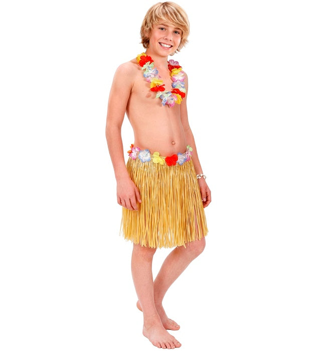 Naturfarbener Hawaii Bastrock mit farbigem Blumengürtel für Kinder