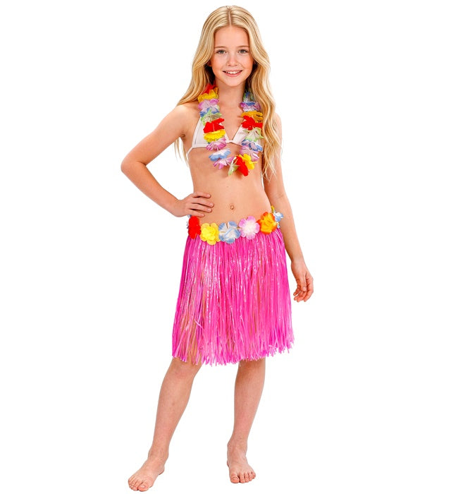 Pinker Hawaii Bastrock mit buntem Blumengürtel für Kinder