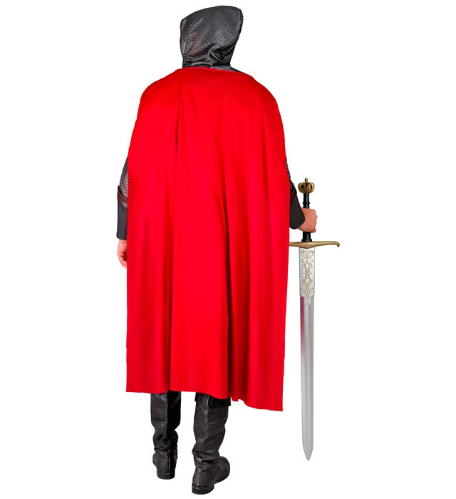 Templerritter-Kostüm mit Kapuzenoberteil, Gürtel und Umhang auf weißem Hintergrund