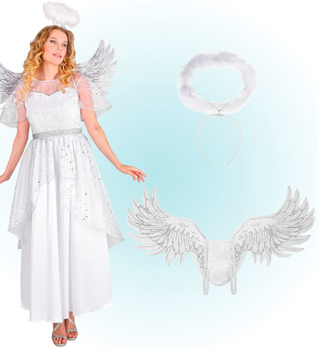 Engel Kostüm bestehend aus weißem Kleid, Flügeln und Heiligenschein