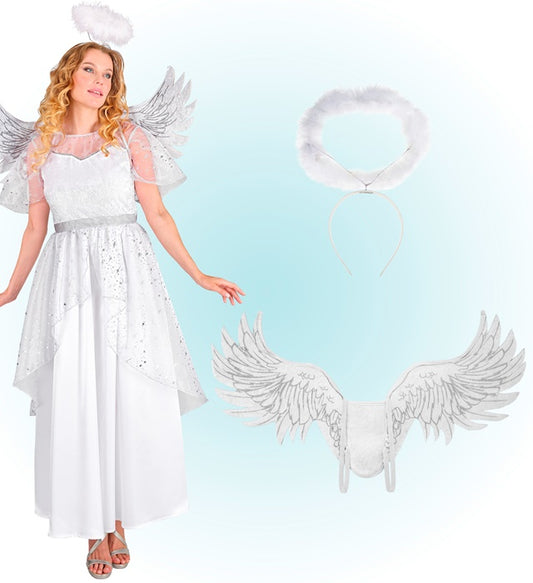 Engel Kostüm bestehend aus weißem Kleid, Flügeln und Heiligenschein