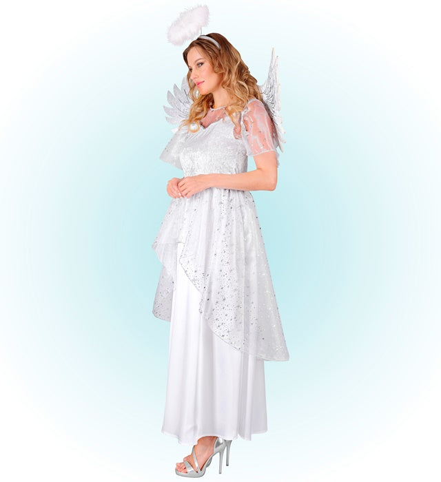 Engel Kostüm bestehend aus weißem Kleid, Flügeln und Heiligenschein
