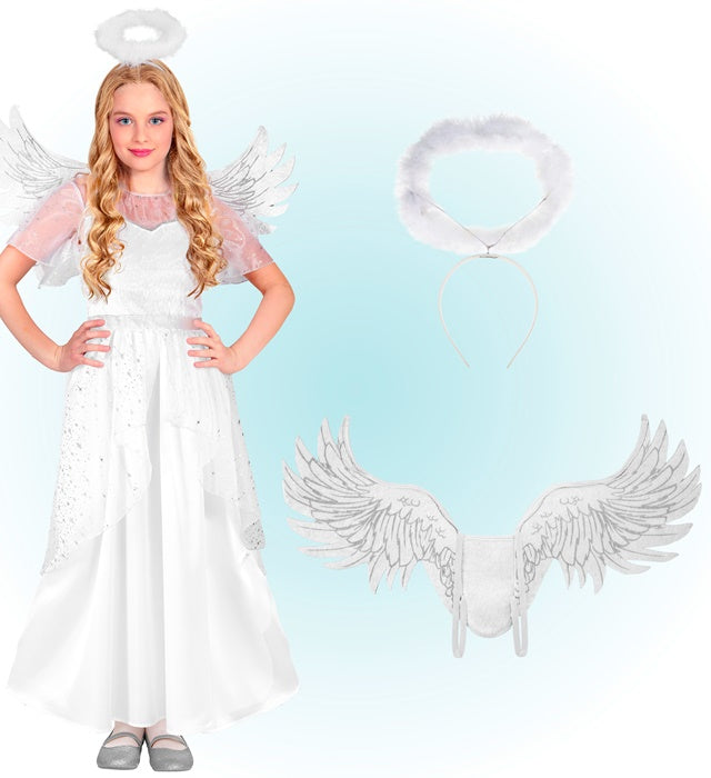 Engelskostüm bestehend aus weißem Kleid, Flügeln und Heiligenschein