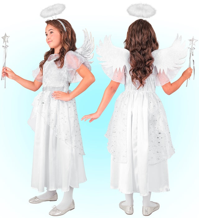 Engelskostüm bestehend aus weißem Kleid, Flügeln und Heiligenschein