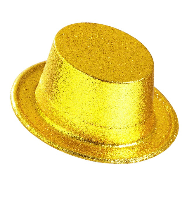 Goldener Zylinderhut auf weißem Hintergrund, glänzendes Kostümaccessoire