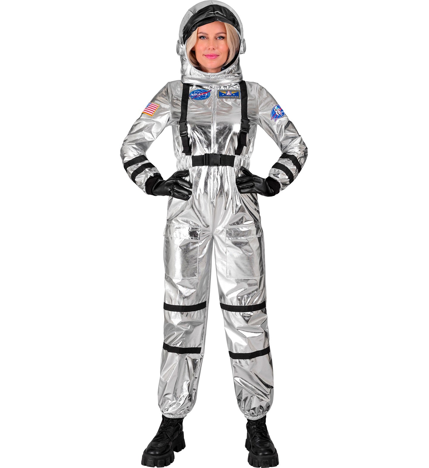 Silberner Astronaut Commander Kostüm mit Helm für Frauen