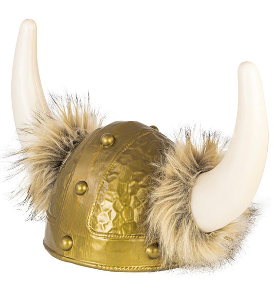 DELUXE Wikingerhelm mit braunem Kunstfell und Hörnern als Fasnachtskostüm