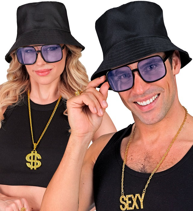 90er Jahre Hip Hop Brille mit hellblauen Gläsern für Fasnacht und Karneval