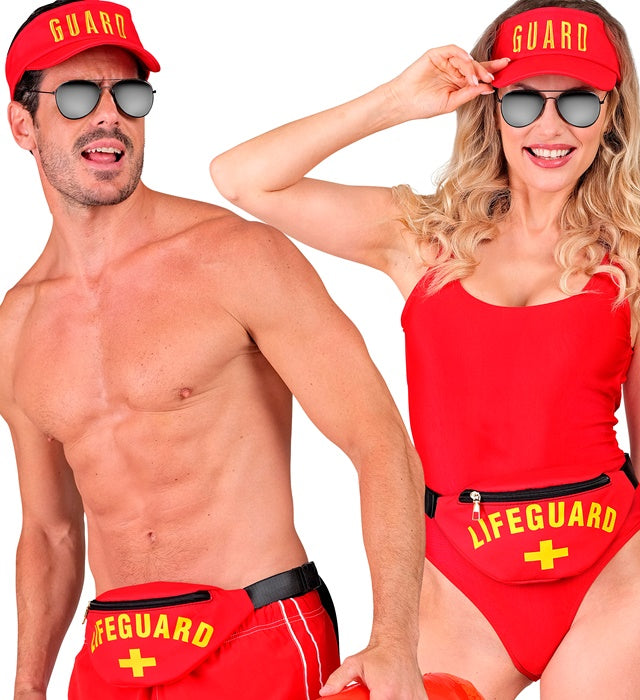Rettungsschwimmer Schirmmütze und rote Gürteltasche als Fasnacht Kostümzubehör