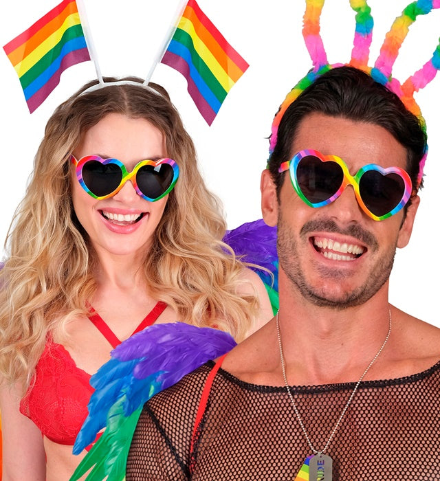 Regenbogen Herzbrille mit buntem Rahmen und Herzform als Fasnachts-Accessoire