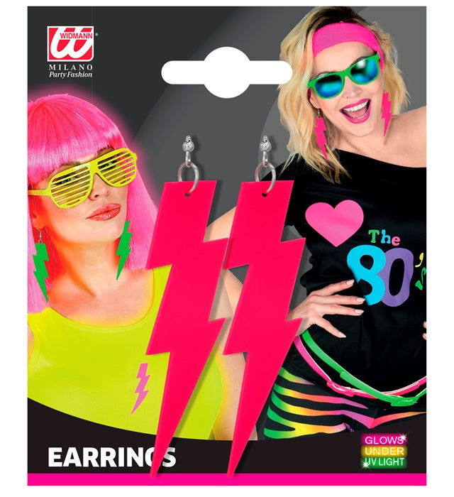 Neon pinke Blitz Ohrstecker im 80er Jahre Stil für Fasnacht und Karneval