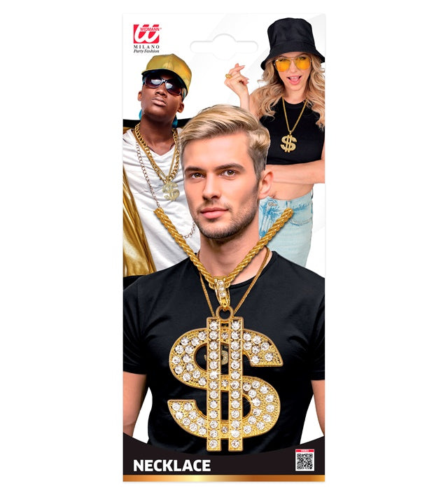 Strass Dollar Kette 65 cm glänzend als Fasnacht Accessoire