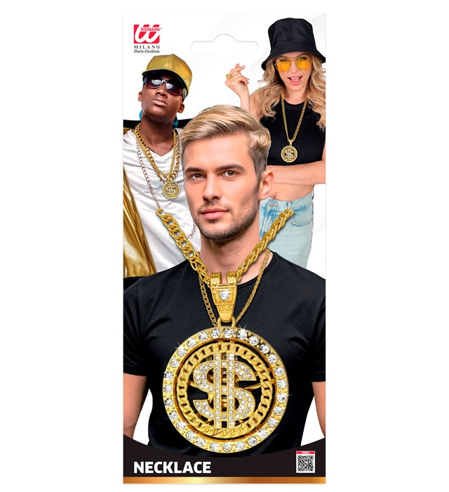 Strass Dollar Kette 70 cm glänzendes Kostümzubehör für Fasnacht und Karneval