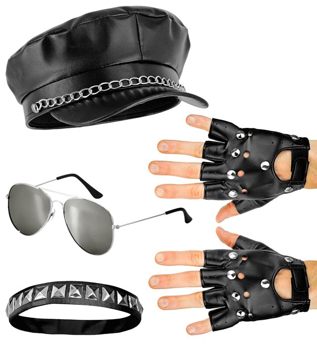Rocker- und Biker-Set mit Mütze, Halsband, Handschuhen und Brille