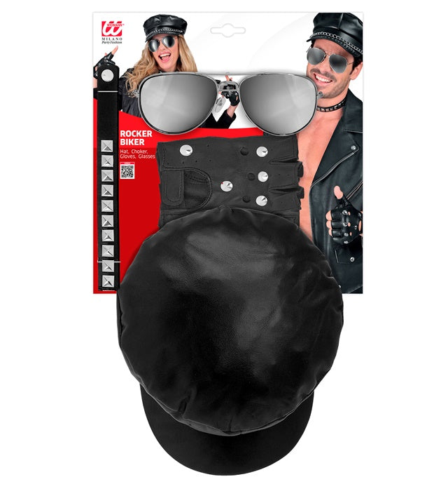 Rocker- und Biker-Set mit Mütze, Halsband, Handschuhen und Brille