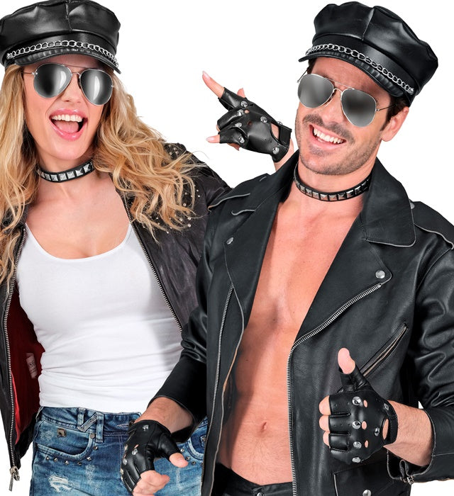 Rocker- und Biker-Set mit Mütze, Halsband, Handschuhen und Brille