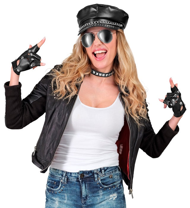 Rocker- und Biker-Set mit Mütze, Halsband, Handschuhen und Brille