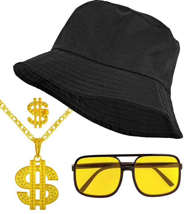 THE 90s HIP HOP FASHION schwarzes Accessoire-Set mit Anglerhut, Sonnenbrille, Kette und Ring