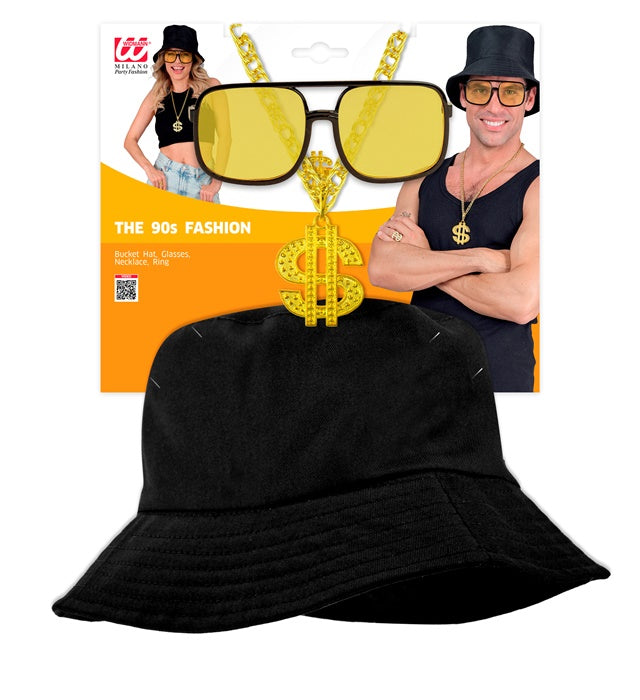 THE 90s HIP HOP FASHION schwarzes Accessoire-Set mit Anglerhut, Sonnenbrille, Kette und Ring