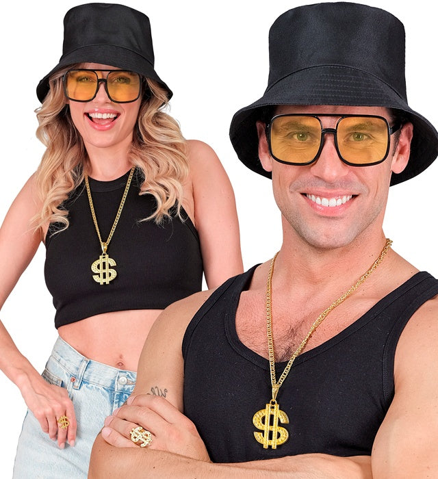 THE 90s HIP HOP FASHION schwarzes Accessoire-Set mit Anglerhut, Sonnenbrille, Kette und Ring