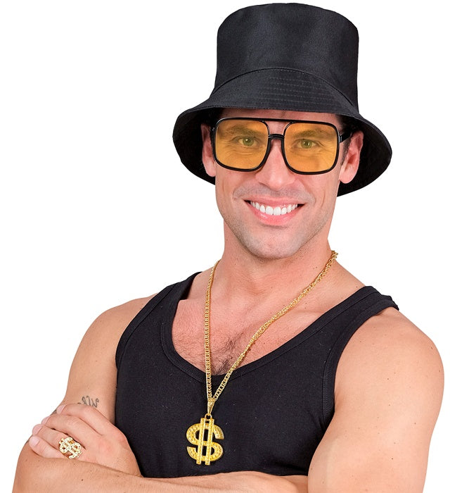 THE 90s HIP HOP FASHION schwarzes Accessoire-Set mit Anglerhut, Sonnenbrille, Kette und Ring