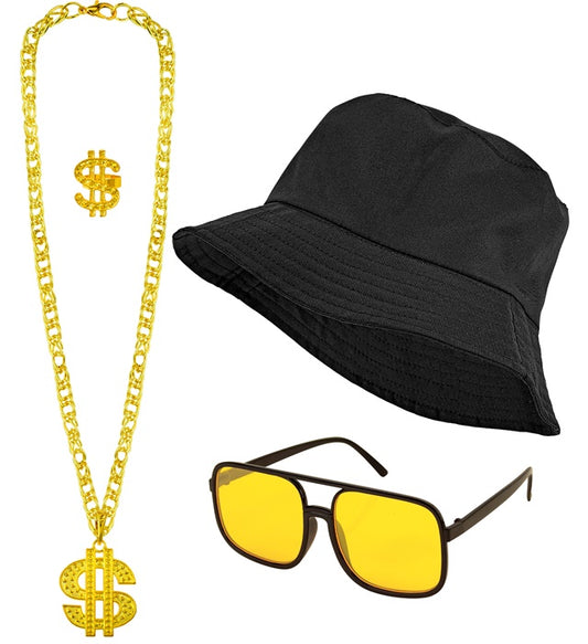"THE 90s HIP HOP FASHION - schwarz" (Anglerhut, Brille, Kette, Ring) Diverse Farben
