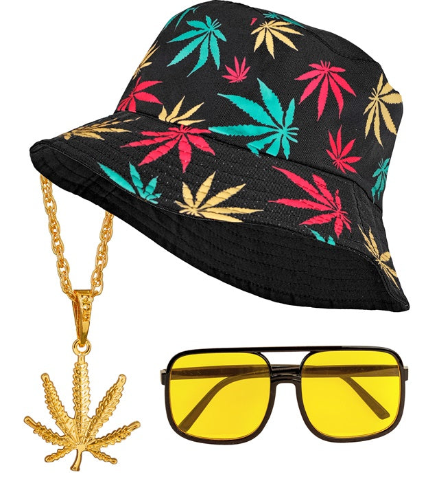 THE 90s HIP HOP FASHION Set mit Anglerhut, Sonnenbrille, Kette und Ring