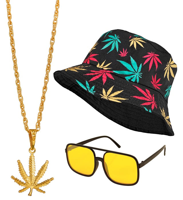 THE 90s HIP HOP FASHION Set mit Anglerhut, Sonnenbrille, Kette und Ring