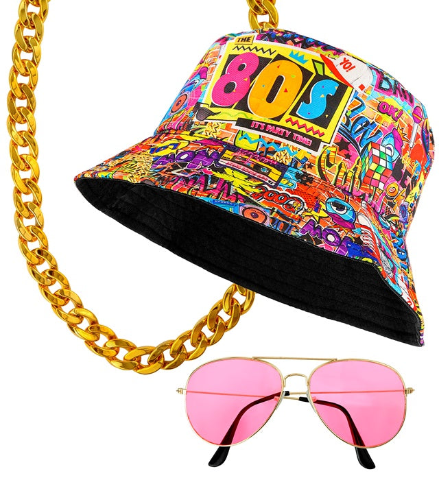 90er Jahre Hip Hop Anglerhut mit Brille, Kette und Ring im Graffiti-Design