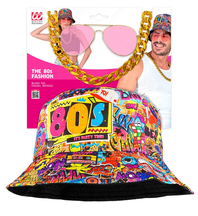 90er Jahre Hip Hop Anglerhut mit Brille, Kette und Ring im Graffiti-Design