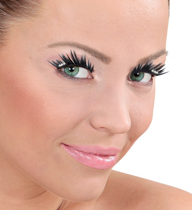 Schwarze Spitzen-Strass Wimpern mit Klebstoff in Glasflasche für Halloween Make-up