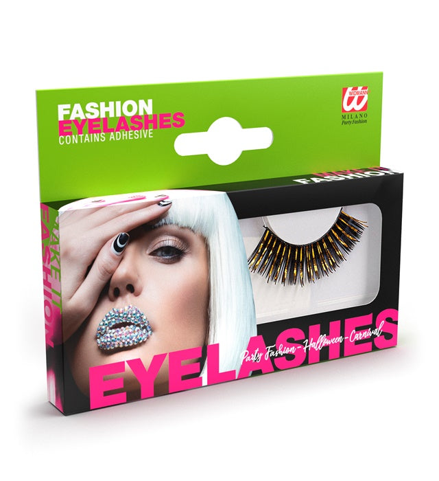 Lange schwarze und goldene Wimpern mit Kleberflasche in Schachtel