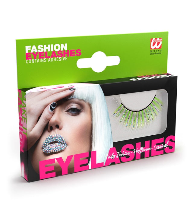 Grüne holographische Fashion Wimpern mit Klebstofftube auf weissem Hintergrund