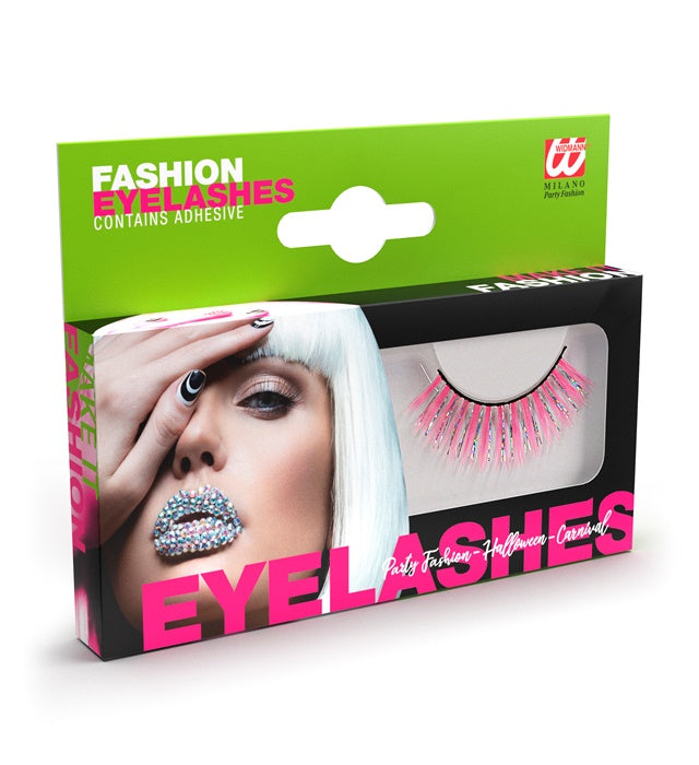Rosa holographische Fashion Wimpern mit Klebstofftube für Fasnacht und Karneval